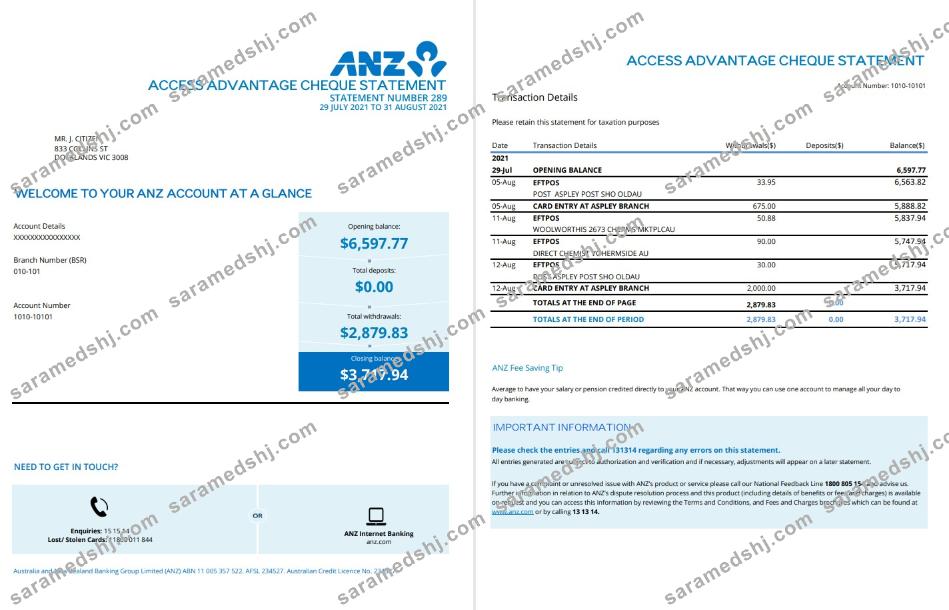 Australia ANZ proof of address bank statement template in .xls and .pdf format, 2 pages